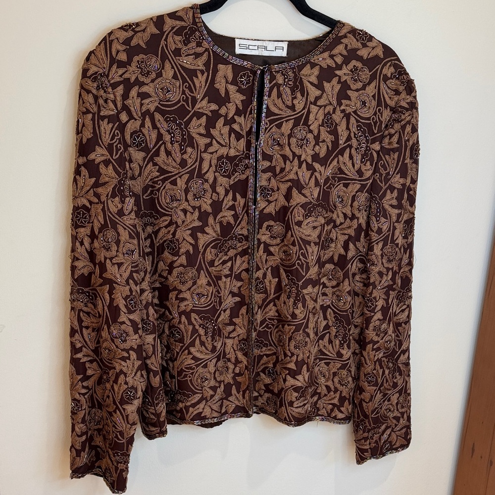 Vintage Scala Tan and Brown Embroidered/Beaded 100% Silk Jacket- Glam, Old Money